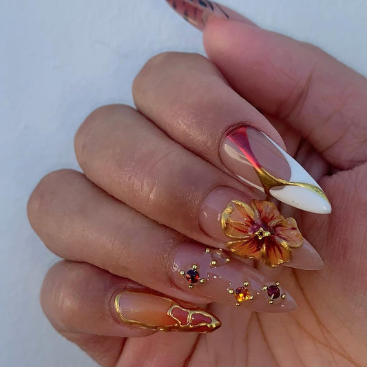 Fall Wedding Press On Nails - Sunset Hibiscus Gold Stiletto Nails