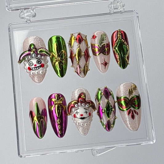 Festive Jester Mask Press-On Nail Set.
