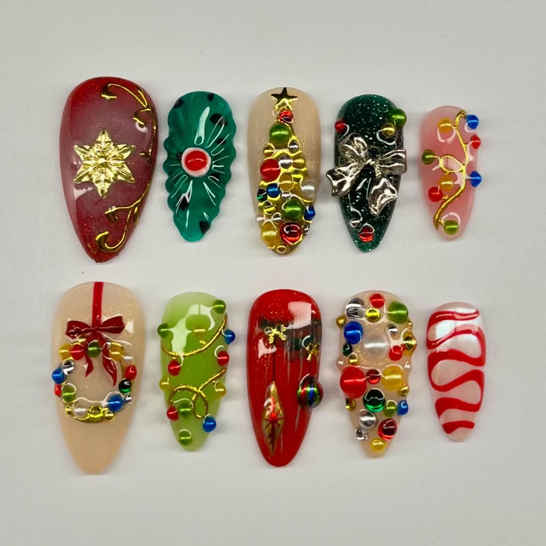 Festive Ornament Christmas Press On Nail Set Colorful Holiday Design