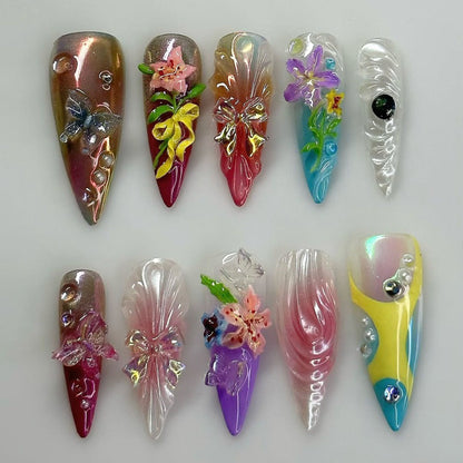 Floral Butterfly 3D Press On Nails with Colorful Artistic Design