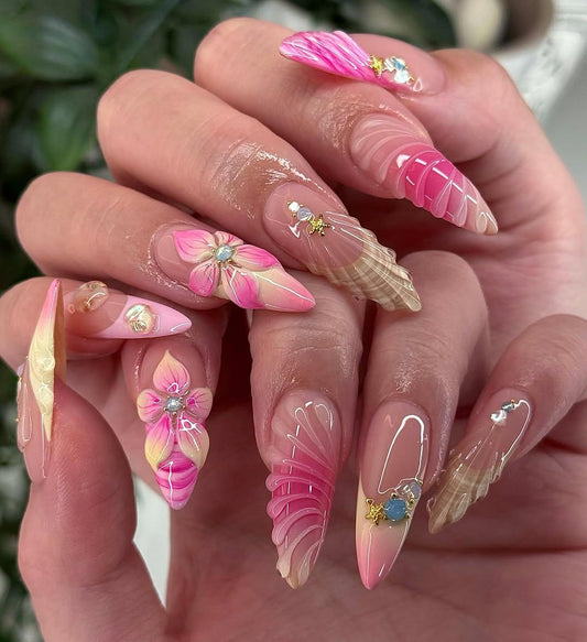 Floral Pink Stiletto Nail Set - Glamorous 3D Art Design