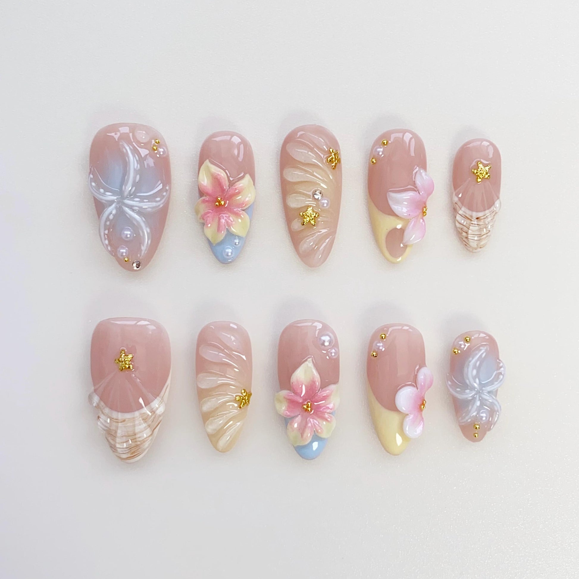 Floral Seashell 3D Press On Nails with Star Accents