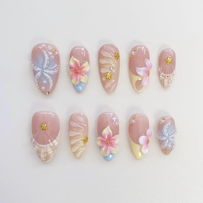 Floral Seashell 3D Press On Nails with Star Accents