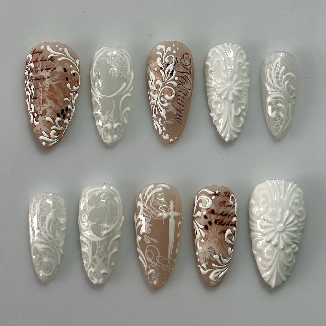 Floral Vintage Stiletto Press On Nails with Script Detailing