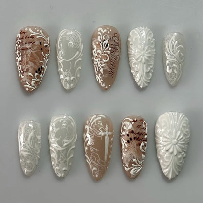 Floral Vintage Stiletto Press On Nails with Script Detailing