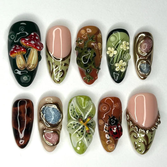 Forest Garden Press On Nails with Mushroom, Butterfly, and Floral Accents