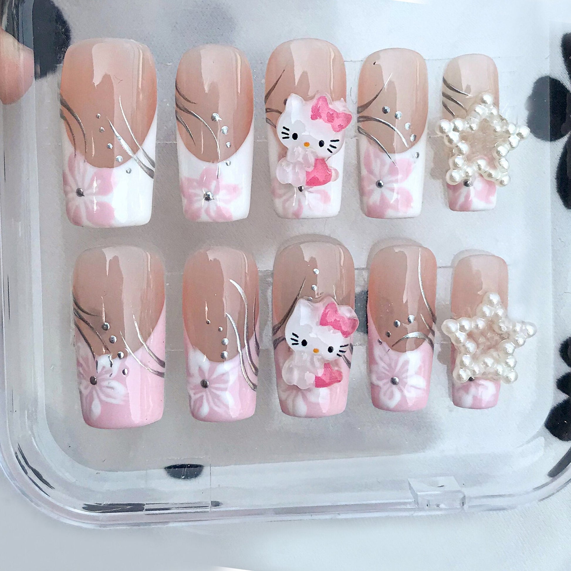 French Tip Elegance Meets Hello Kitty Charm - Cute Pink Hello Kitty Press Nails