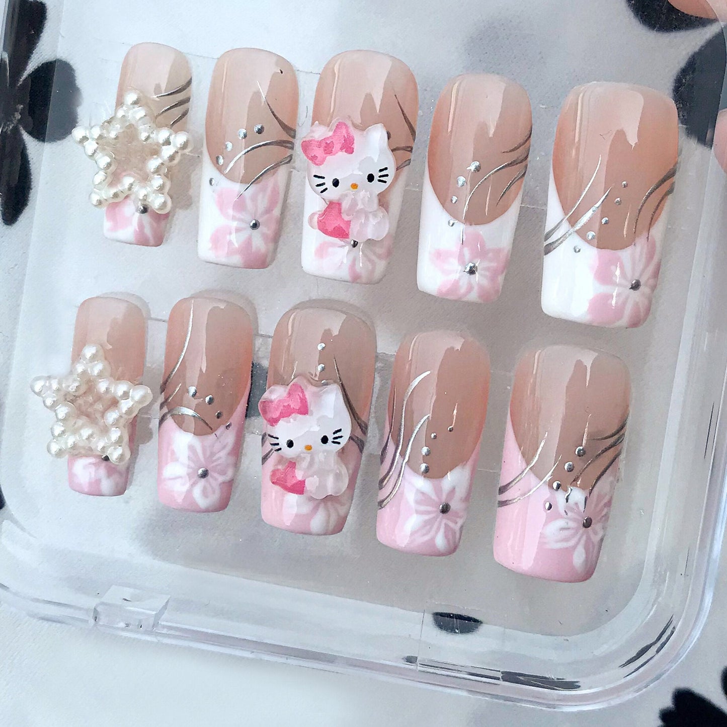 French Tip Elegance Meets Hello Kitty Charm - Cute Pink Hello Kitty Press Nails