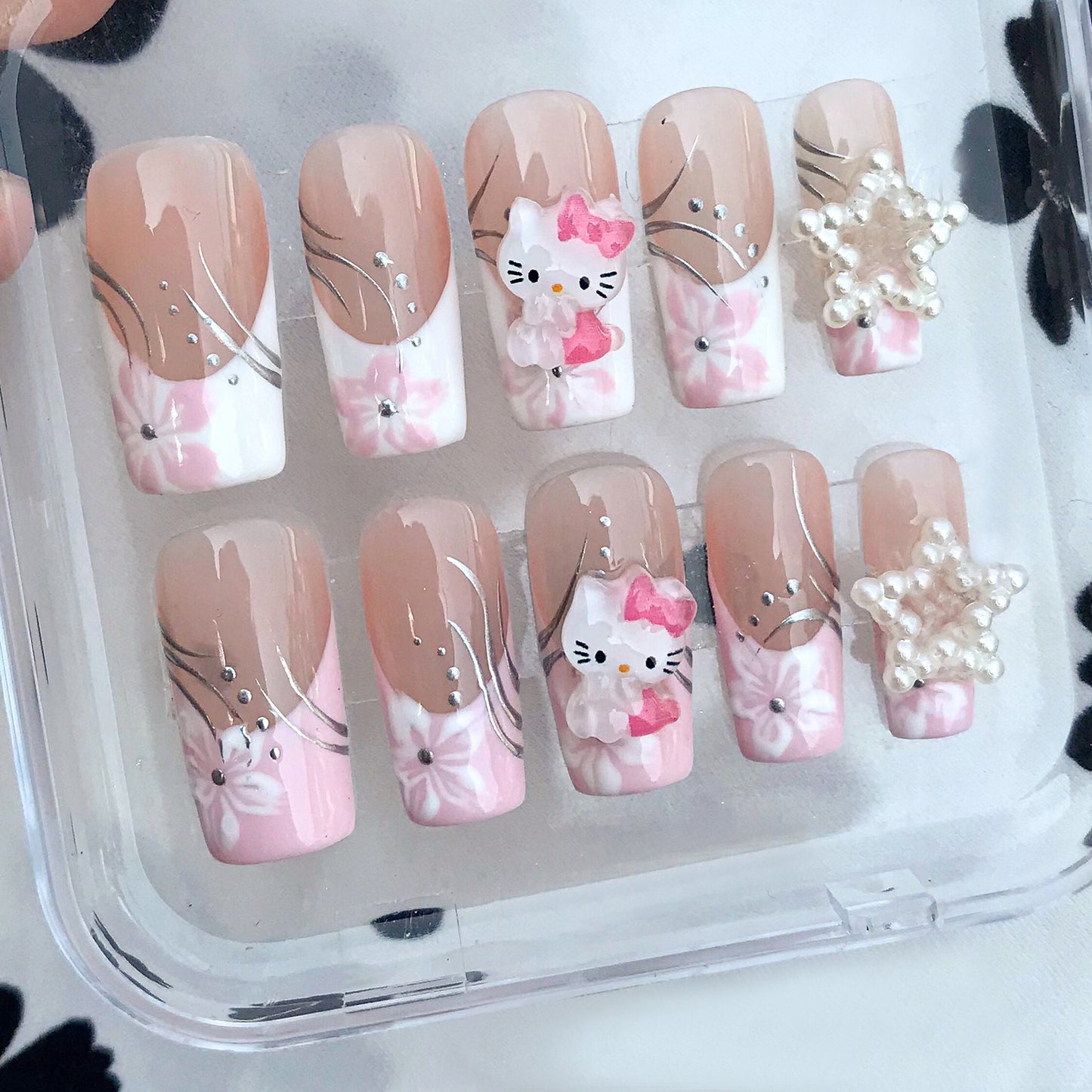 French Tip Elegance Meets Hello Kitty Charm - Cute Pink Hello Kitty Press Nails
