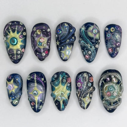 Galaxy Glow Press On Nails with Starburst and Cosmic Art Accents