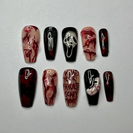 Ghostface Horror Press-On Nails with Blood Splatter and Movie Quote