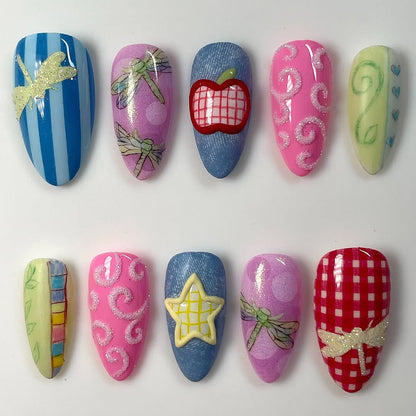 Gingham Apple & Dragonfly Press On Nails with Playful 3D Accents