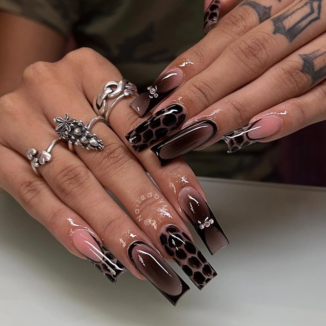 Glossy Brown Leopard Ombre Press On Nails with Nude and Black Gradient Design