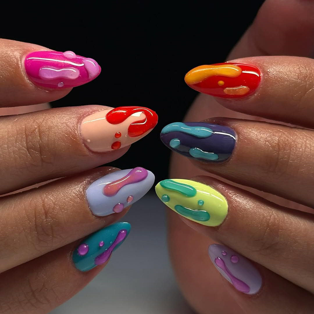 Glossy Rainbow Drip Press On Nails Color Splash Set