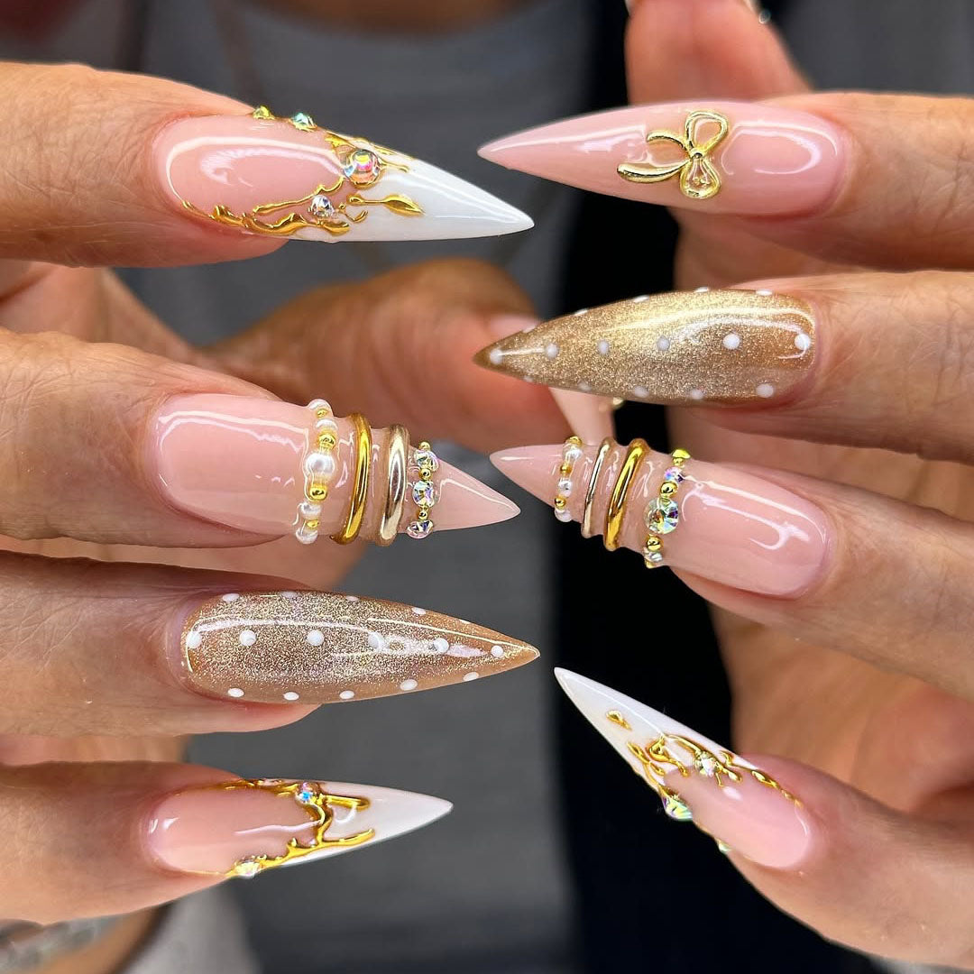 Gold Bow Nude Stiletto Press On Nails Set