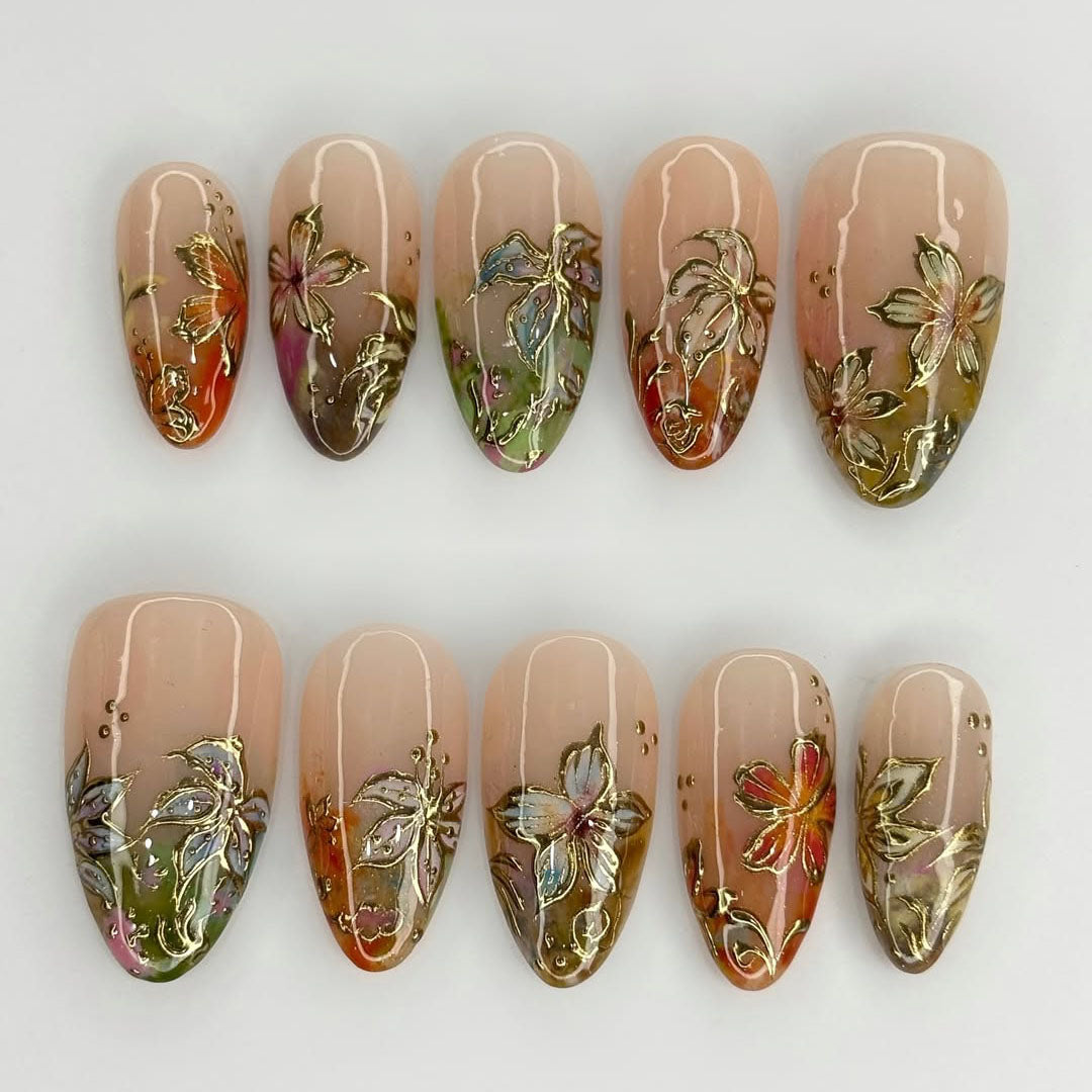 Gold Floral Outline Nails with Watercolor Petals Handmade Elegant Design