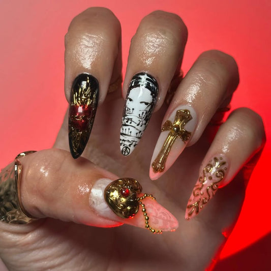 Gold Heart Gothic Cross Press On Nails with Red Accent Art