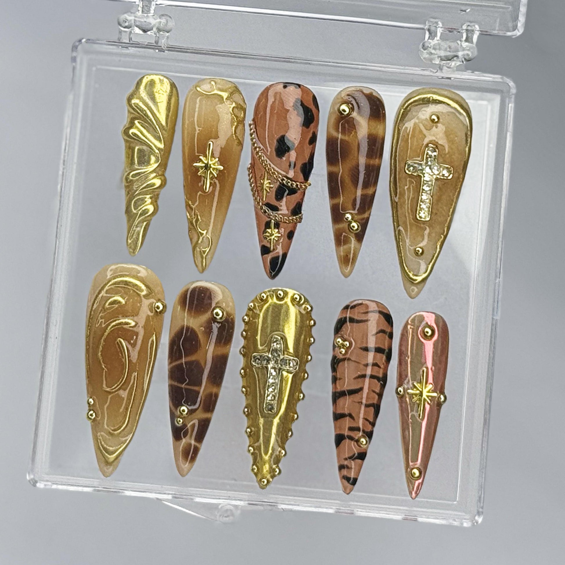 Gold Tortoiseshell Press On Nails Set with Cross Charms