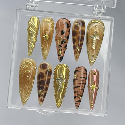 Gold Tortoiseshell Press On Nails Set with Cross Charms