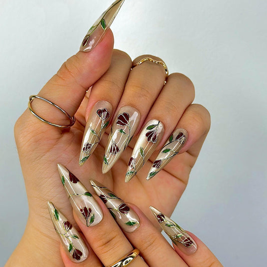 Golden Garden Elegance Press On Nails  - Elegant Floral Stiletto Press On Nails