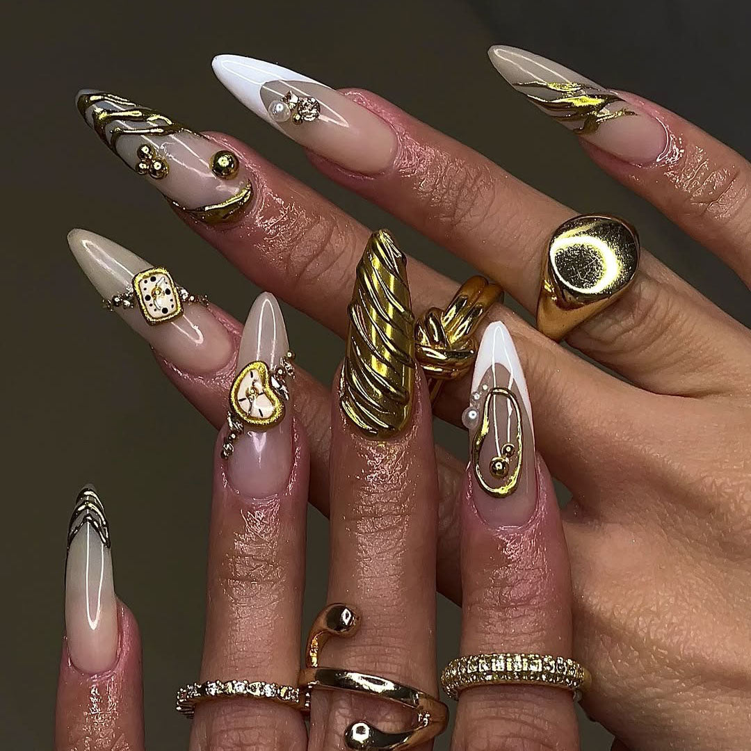 Golden Hour 3D Press On Nails with Sculpted Metallic Art and Pearl Accents