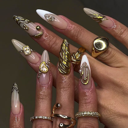 Golden Hour 3D Press On Nails with Sculpted Metallic Art and Pearl Accents