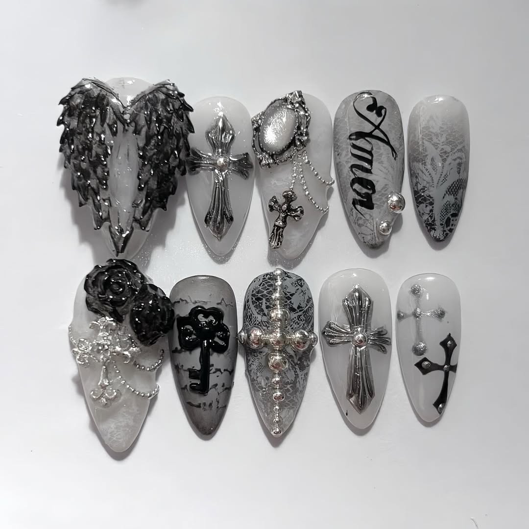Gothic Angel Cross Press On Nail Set Dark Silver Design
