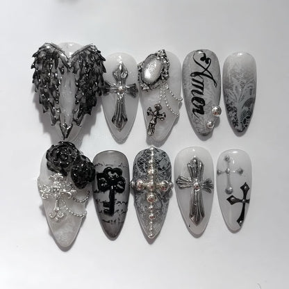 Gothic Angel Cross Press On Nail Set Dark Silver Design
