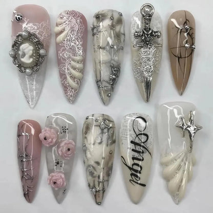 Gothic Angel Press On Nail Set Vintage Lace Silver Accents