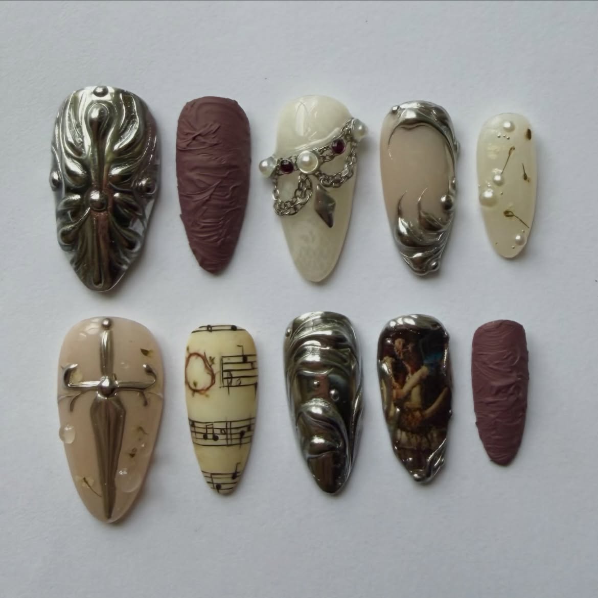 Gothic Baroque Chrome Handmade Artistic Press On Nail Set