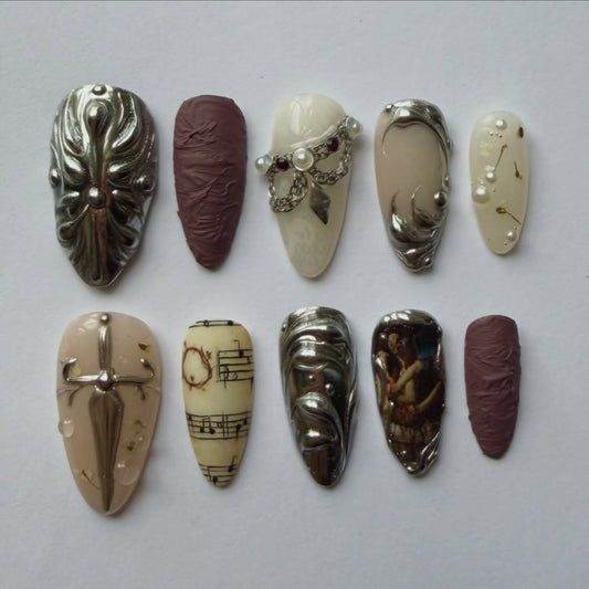 Gothic Baroque Chrome Handmade Artistic Press On Nail Set