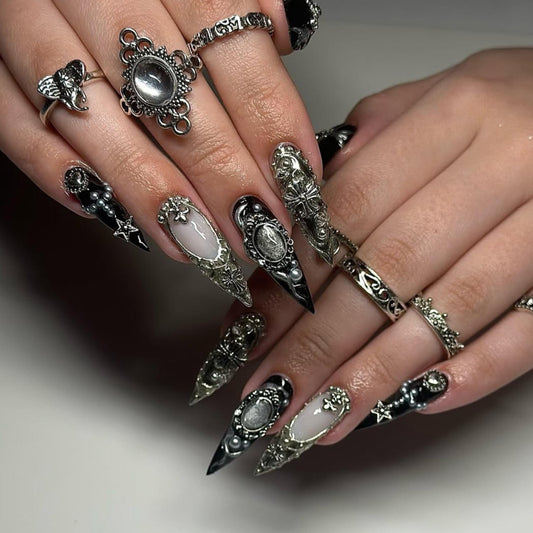 Gothic Baroque Metal Press On Nails - Gothic Black Silver 3D Stiletto Nails