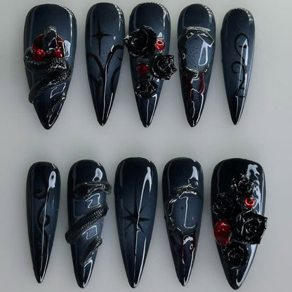 Gothic Black Rose and Snake 3D Press On Nails
