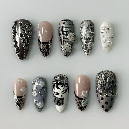 Gothic Black Silver Floral Stiletto Handmade Press On Nails