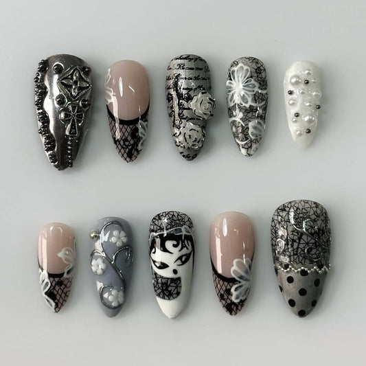 Gothic Black Silver Floral Stiletto Handmade Press On Nails