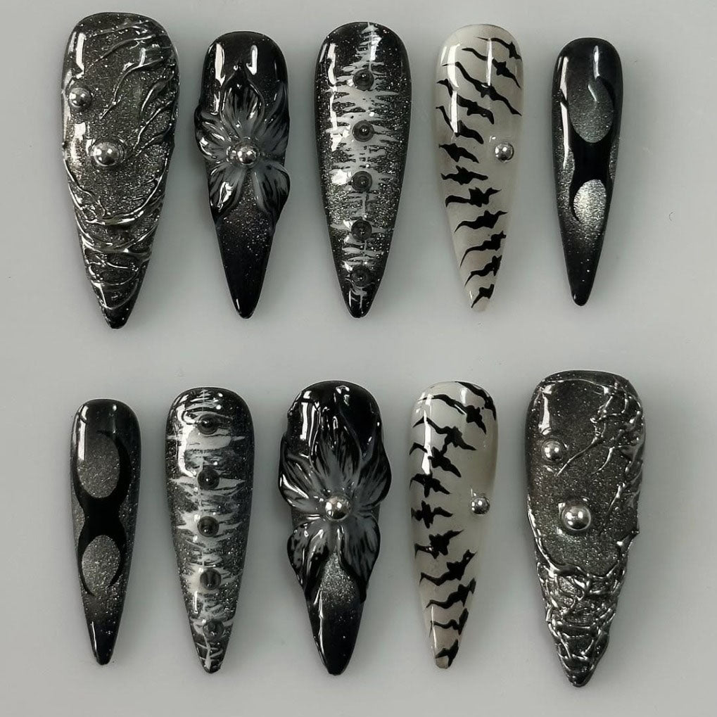 Gothic Black Silver Press On Nails Sculpted Metallic Art Set