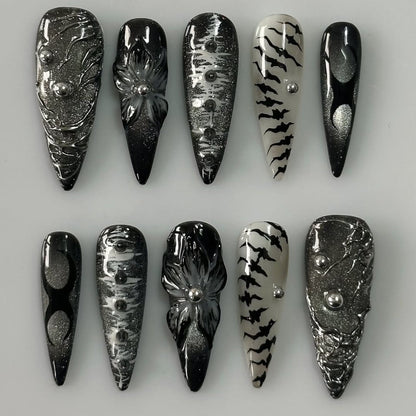 Gothic Black Silver Press On Nails Sculpted Metallic Art Set