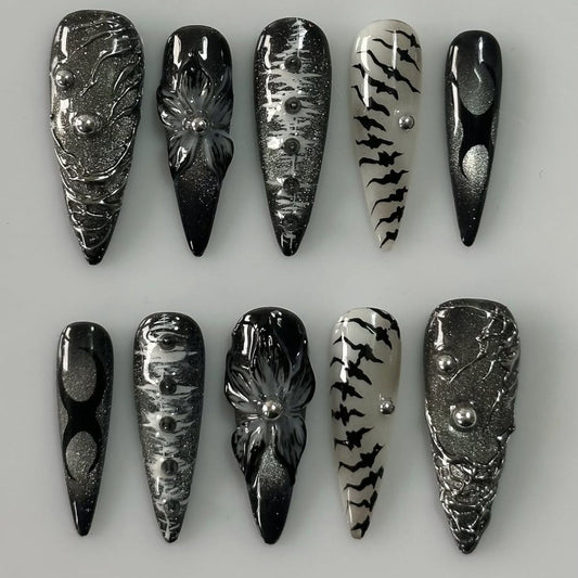 Gothic Black Silver Press On Nails Sculpted Metallic Art Set