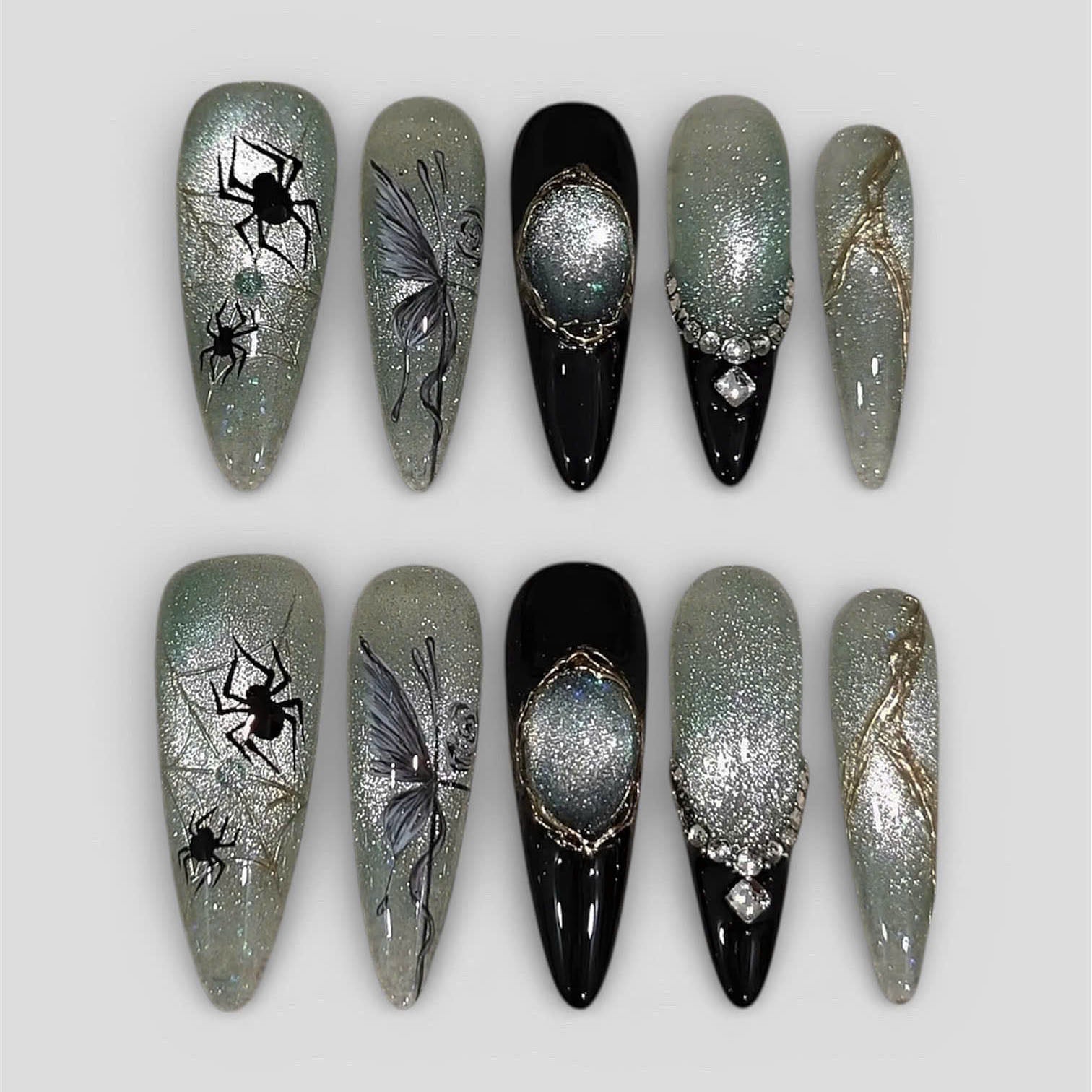 Gothic Black Silver Press On Nails Spider Butterfly Art Set