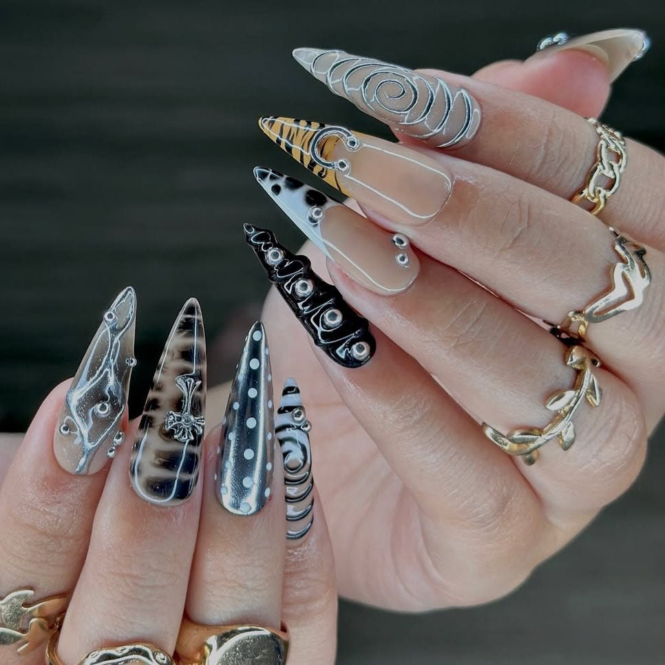 Gothic Black Silver Stiletto Press-On Nails with Cross Accents