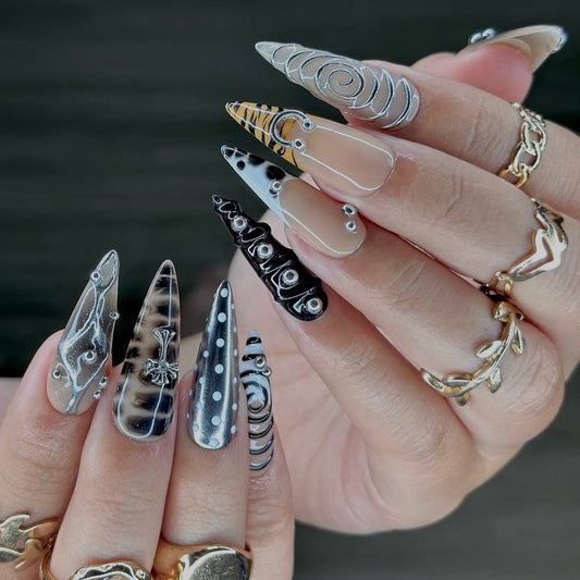 Gothic Black Silver Stiletto Press-On Nails with Cross Accents