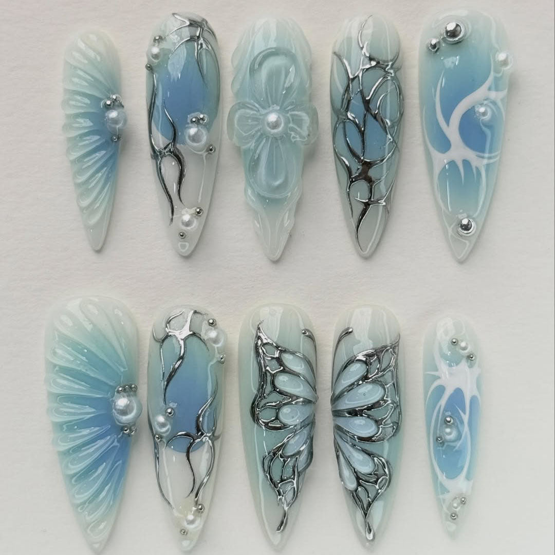 Gothic Blue Stiletto Press On Nails Silver Details