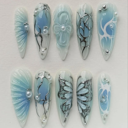 Gothic Blue Stiletto Press On Nails Silver Details