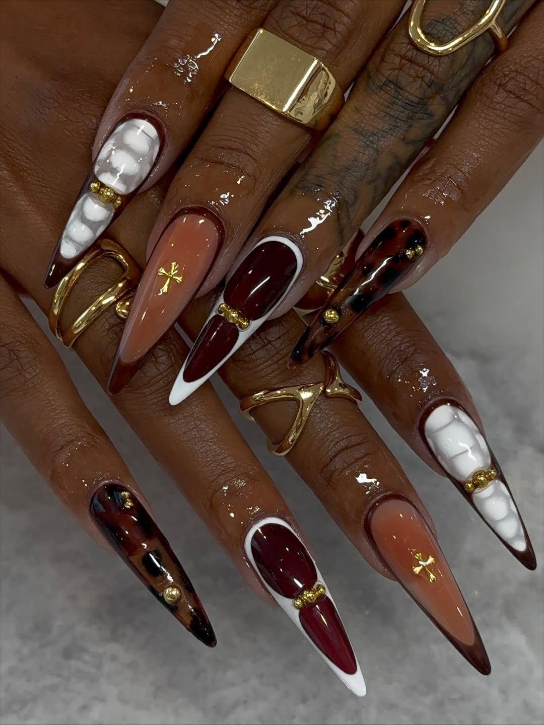 Gothic Brown and White Press On Nails with Gold Cross and Tortoiseshell Accents