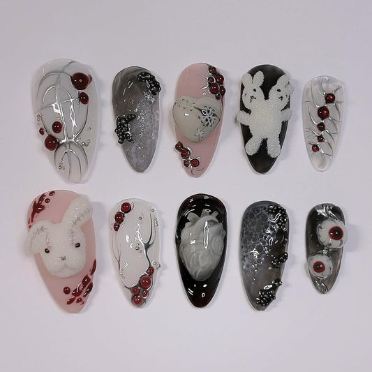 Gothic Bunny and Heart Press On Nails with Black and Pink Art