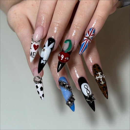 Gothic Chain Cherry Press On Nails with Mixed Stiletto Design