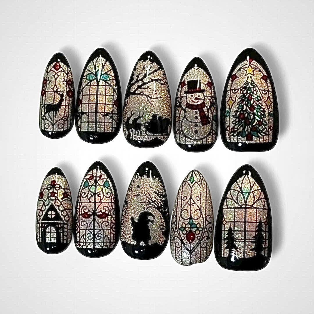 Gothic Christmas Press On Nails With Stained Glass Design And Reindeer Art