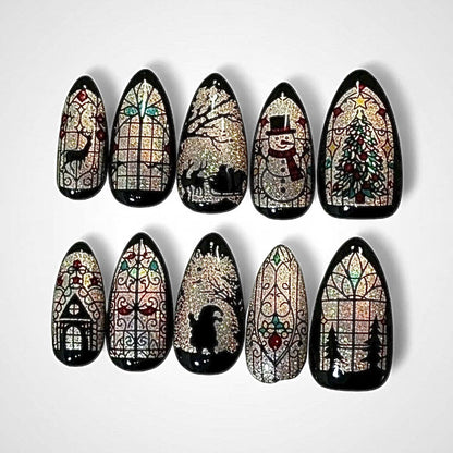Gothic Christmas Press On Nails With Stained Glass Design And Reindeer Art