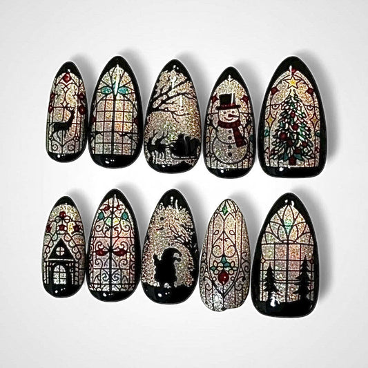 Gothic Christmas Press On Nails With Stained Glass Design And Reindeer Art