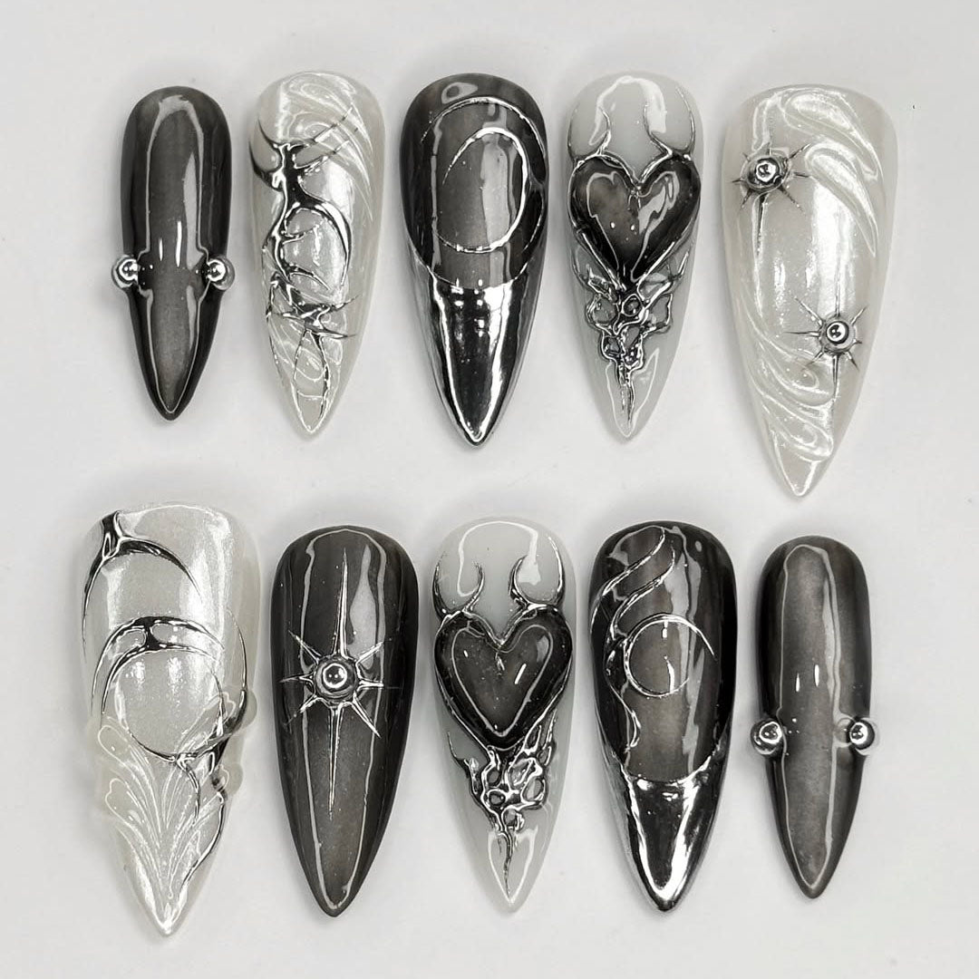Gothic Chrome 3D Press-On Nails with Celestial & Heart Designs